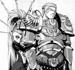 Rule 34 | 1boy, 1girl, ahoge, ahoge wag, anklet, armor, armored dress, belt, cape, closed mouth, couple, eldar, expressive hair, greyscale, jewelry, lewdanon, locked arms, monochrome, roboute guilliman, shoulder armor, simple background, size difference, warhammer 40k, yvraine