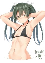 Rule 34 | 10s, 1girl, armpits, arms behind head, arms up, artist name, bare shoulders, bikini, bikini top only, breasts, closed mouth, collarbone, frown, green hair, hair ribbon, isshiki (ffmania7), kantai collection, long hair, looking at viewer, navel, no legs, ribbon, signature, simple background, small breasts, solo, stomach, swimsuit, taree, tareme, twintails, twitter username, upper body, wavy mouth, white background, white ribbon, zuikaku (kancolle)