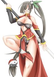 Rule 34 | 1girl, arc system works, black hair, blazblue, blazblue: calamity trigger, bra, breasts, china dress, chinese clothes, cleavage, covered erect nipples, dress, female focus, lao jiu, large breasts, lingerie, litchi faye ling, long hair, pomgi, ponytail, purple eyes, simple background, solo, staff, underwear, white background