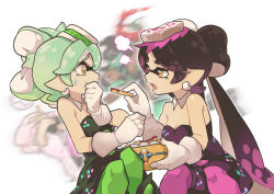Rule 34 | + +, 4girls, black dress, black hair, black jumpsuit, blurry, blurry background, brown eyes, callie (splatoon), closed mouth, collar, commentary, cousins, dark-skinned female, dark skin, detached collar, dress, earrings, english commentary, feeding, food, food on head, french fries, frown, fume, gloves, gomipomi, gradient hair, green hair, green legwear, half-closed eyes, holding, holding food, inkling, jewelry, jumpsuit, ketchup, leaning back, leaning forward, long hair, looking at another, marie (splatoon), marina (splatoon), mole, mole under eye, multicolored hair, multiple girls, nintendo, object on head, octoling, open mouth, pantyhose, pearl (splatoon), pointy ears, puff of air, purple hair, purple legwear, short dress, short hair, short jumpsuit, simple background, sitting, smile, splatoon (series), splatoon 1, splatoon 2, standing, strapless, strapless dress, sushi, sweatdrop, swept bangs, tentacle hair, very long hair, white background, white collar, white gloves, wing collar