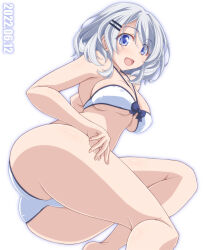 Rule 34 | 1girl, ass, barefoot, bikini, blue eyes, breasts, commentary request, hair ornament, hairclip, halterneck, highres, kikuchi tsutomu, large breasts, looking at viewer, lying, medium hair, on side, open mouth, original, simple background, smile, solo, swimsuit, white background, white bikini, white hair