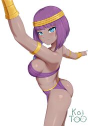 Rule 34 | 1girl, absurdres, arm up, armlet, ass, blush, bob cut, circlet, cowboy shot, dark-skinned female, dark skin, from side, highres, kai-too, looking at viewer, menat, purple hair, short hair, smile, solo, street fighter, street fighter v, vambraces, white background