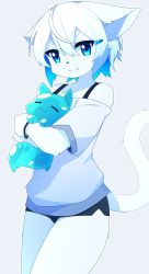 Rule 34 | 1boy, blue eyes, blue hair, bracelet, dev voxy, furry, furry male, hair ornament, hairclip, highres, jewelry, looking at viewer, male focus, multicolored hair, off-shoulder shirt, off shoulder, original, shirt, short hair, short shorts, shorts, smile, solo, trap, two-tone hair, white hair