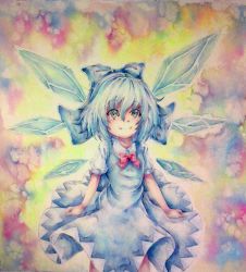 Rule 34 | 1girl, blue eyes, blue hair, bow, cirno, highres, ice, ice wings, matching hair/eyes, painting (medium), skirt, smile, solo, touhou, traditional media, watercolor (medium), wings, yuyu (00365676)