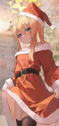 Rule 34 | 1girl, absurdres, animal ears, black thighhighs, blue archive, blue eyes, blurry, blurry background, blush, christmas, closed mouth, cowboy shot, dress, hair between eyes, halo, hat, highres, long hair, looking at viewer, mari (blue archive), orange hair, pom pom (clothes), red dress, red hat, santa costume, santa hat, shiina 1001, smile, solo, thighhighs, yellow halo