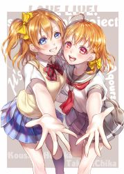 Rule 34 | 10s, 2girls, :d, black socks, blue eyes, blush, bow, braid, character name, hair bow, in-franchise crossover, kneehighs, kosaka honoka, lma, love live!, love live! school idol project, love live! sunshine!!, multiple girls, one side up, open mouth, orange hair, outstretched arms, outstretched hand, red eyes, school uniform, serafuku, short hair, side ponytail, smile, socks, sweater vest, takami chika