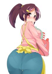 Rule 34 | 10s, 1girl, apron, artificial vagina, ass, blush, breasts, brown hair, cleavage, creatures (company), denim, game freak, hair ornament, hairclip, huge ass, jeans, kindergarten teacher, large breasts, looking at viewer, looking back, medium breasts, nintendo, npc trainer, nursery aide (pokemon), open mouth, pants, pantylines, pink eyes, pokemon, pokemon bw, ponytail, sex toy, skin tight, solo, teacher, tenga, terazip, thick thighs, thigh gap, thighs, vibrator, wide hips