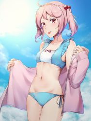 Rule 34 | 1girl, bikini, blue bikini, blush, breasts, cloud, day, hair bobbles, hair ornament, highres, jacket, jewelry, kantai collection, long sleeves, looking at viewer, off shoulder, open clothes, open jacket, outdoors, pink eyes, pink hair, pink jacket, ring, sazanami (kancolle), short twintails, side-tie bikini bottom, sky, small breasts, solo, sugamo (rainysnowy108), sweat, swimsuit, tongue, tongue out, twintails, wedding band