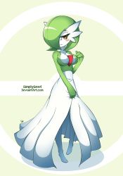 Rule 34 | 1girl, artist name, beige background, blush stickers, breasts, closed mouth, collarbone, colored skin, creatures (company), deviantart username, female focus, full body, game freak, gardevoir, gen 3 pokemon, green hair, green skin, hair over one eye, half-closed eyes, hand up, highres, looking at viewer, medium breasts, multicolored skin, nintendo, orange eyes, personification, pigeon-toed, poke ball symbol, pokemon, pokemon (creature), short hair, signature, simplyseed, solo, standing, two-tone background, two-tone skin, watermark, wavy mouth, white skin