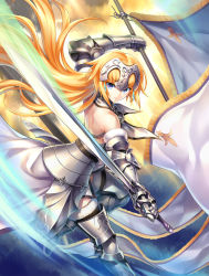 Rule 34 | 1girl, armor, armored dress, blonde hair, blue eyes, braid, fate/apocrypha, fate/grand order, fate (series), flag, gauntlets, headpiece, holding, holding sword, holding weapon, jeanne d&#039;arc (fate), jeanne d&#039;arc (ruler) (fate), jeanne d&#039;arc (third ascension) (fate), kousaki rui, long hair, purple eyes, single braid, solo, sword, thighhighs, weapon