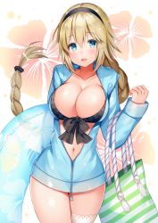 Rule 34 | 1girl, aozora nan, bikini, black bikini, blonde hair, blue eyes, blue jacket, braid, breasts, cleavage, collarbone, commentary request, cowboy shot, fate/grand order, fate (series), floral background, floral print, front-tie top, hair between eyes, hairband, highres, hood, hooded jacket, innertube, jacket, jeanne d&#039;arc (fate), jeanne d&#039;arc (ruler) (fate), jeanne d&#039;arc (swimsuit archer) (fate), jeanne d&#039;arc (swimsuit archer) (first ascension) (fate), large breasts, long braid, long hair, looking at viewer, navel, open mouth, single braid, solo, standing, swim ring, swimsuit, unzipped, very long hair