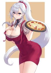 Rule 34 | 1girl, absurdres, azur lane, belfast (azur lane), belfast (piping-hot perfection) (azur lane), blue eyes, blush, braid, breasts, cleavage, cleavage cutout, clothing cutout, dress, food, hair between eyes, hand on own chest, highres, holding, holding food, large breasts, long hair, looking at viewer, nail polish, official alternate costume, pizza, ponytail, red dress, short dress, silver hair, simple background, skin tight, solo, tray, very long hair, zyousha333