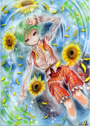 Rule 34 | 1girl, afloat, belt, breasts, cleavage, female focus, floating, flower, green hair, kazami yuuka, large breasts, long sleeves, looking at viewer, mosho, open clothes, open shirt, open vest, petals, red eyes, shirt, skirt, solo, sunflower, touhou, traditional media, vest, water