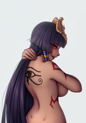 Rule 34 | 1girl, back, blush, breasts, crown, dark-skinned female, dark skin, dimples of venus, egyptian, female focus, grin, highres, large breasts, light smile, long hair, looking at viewer, looking back, monorus, monster girl encyclopedia, monster girl encyclopedia ii, naughty face, parted lips, pharaoh (monster girl encyclopedia), purple hair, red eyes, sideboob, simple background, smile, snake, solo, tattoo, undead