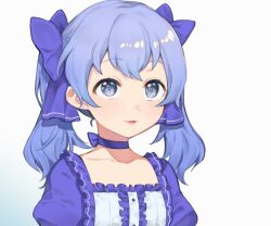 Rule 34 | 1girl, blue bow, blue choker, blue dress, blue eyes, blue hair, blue ribbon, blush, bow, choker, commentary, dress, frills, gradient background, hair bow, long hair, nijisanji, parted lips, puffy short sleeves, puffy sleeves, q (oshikuraq), ribbon, short sleeves, smile, solo, symbol-only commentary, twintails, upper body, virtual youtuber, white background, yuuki chihiro, yuuki chihiro (1st costume)