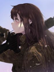 Rule 34 | 1girl, blue background, brown hair, brown jacket, camouflage, camouflage jacket, closed mouth, copyright request, dirty, dirty face, earrings, gloves, gradient background, gun, highres, holding, holding gun, holding weapon, jacket, jewelry, long hair, over shoulder, red eyes, rifle, smile, solo, somehira katsu, trigger discipline, upper body, weapon, weapon over shoulder