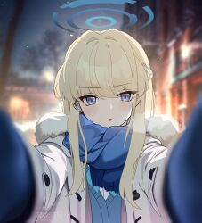Rule 34 | 1girl, akanora, aqua bow, aqua bowtie, blonde hair, blue archive, blue bow, blue cardigan, blue eyes, blue scarf, blurry, blurry background, blurry foreground, bow, bowtie, cardigan, coat, commentary, earpiece, fur-trimmed coat, fur trim, halo, highres, looking at viewer, outstretched arms, pov cheek warming (meme), scarf, solo, symbol-only commentary, toki (blue archive), tracen winter coat, white coat