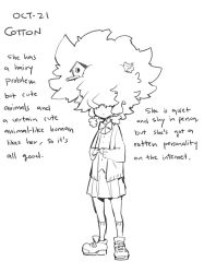 Rule 34 | 1girl, afro, animal, animal on head, birdhouse, character name, character profile, commentary, english commentary, english text, ge-b, greyscale, hair over eyes, huge afro, monochrome, on head, original, pleated skirt, shoes, skirt, sneakers, solo
