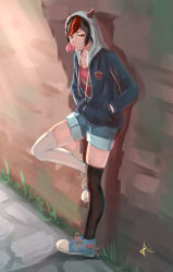 Rule 34 | 1girl, absurdres, against wall, alternate costume, mismatched irises, asymmetrical legwear, bad id, bad pixiv id, black thighhighs, brick wall, blowing bubbles, cobblestone, cone horns, cross-laced footwear, day, denim, denim shorts, grass, h.an (516635864), hands in pockets, highres, hood, hoodie, horns, kijin seija, looking at viewer, mismatched legwear, outdoors, red eyes, red shirt, shade, shadow, shirt, shoes, shorts, signature, sneakers, solo, striped horns, thighhighs, touhou, uneven eyes, white thighhighs