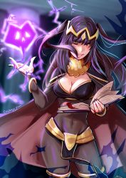 Rule 34 | 1girl, black hair, book, cape, cheppo, cleavage cutout, clothing cutout, colorized, fire emblem, fire emblem awakening, hair ornament, holding, holding book, magic, nintendo, one eye closed, smile, solo, tharja (fire emblem)