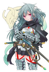 Rule 34 | 1girl, armor, bad id, bad pixiv id, belt pouch, cape, earrings, garter straps, gauntlets, greaves, grey hair, jewelry, long hair, looking at viewer, original, pink eyes, pouch, sheath, sheathed, simple background, skirt, solo, sword, tajima ryuushi, thighhighs, two side up, weapon, white background