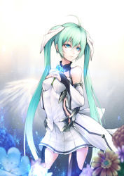 Rule 34 | 1girl, ahoge, bad id, bad pixiv id, breast suppress, bridal gauntlets, detached sleeves, flower, green eyes, green hair, hatsune miku, kyoeiki, long hair, matching hair/eyes, skirt, solo, thighhighs, twintails, very long hair, vocaloid