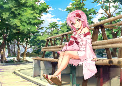 Rule 34 | 1girl, bare shoulders, bench, blue sky, blush, braid, cherry blossoms, cloud, cloudy sky, day, feet, flower, full body, gou (ga673899), hair between eyes, hair flower, hair ornament, halterneck, haoni, japanese clothes, kimono, kimono pull, kimono skirt, looking at viewer, open mouth, outdoors, park, path, pink hair, pink kimono, red flower, road, sandals, sergestid shrimp in tungkang, shrimp, sitting, sky, smile, solo, teeth, toes, tree, wide sleeves, xuan ying