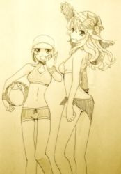 Rule 34 | 2girls, ball, beachball, bikini, breasts, flower, gradient background, hat, leia rolando, long hair, looking at viewer, looking back, milla maxwell, multiple girls, navel, sarong, simple background, sun hat, swimsuit, tales of (series), tales of xillia