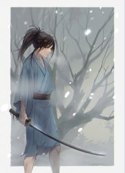 Rule 34 | 1boy, bare tree, black hair, blue kimono, border, breath, dirty, dirty clothes, dirty face, high ponytail, highres, holding, holding sword, holding weapon, japanese clothes, katana, kimono, long hair, looking at viewer, male focus, original, outdoors, outside border, ponytail, sash, serious, snowing, solo, standing, sword, torn clothes, torn kimono, tree, watari yukiko, weapon, wide sleeves, winter