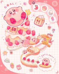 Rule 34 | :d, arrow (symbol), blue eyes, blush, blush stickers, bouncy (kirby), bronto burt, cake, candy, cappy (kirby), carrot, checkerboard cookie, chili pepper, chocolate, chocolate bar, commentary, commentary request, cookie, copy ability, cupcake, doughnut, english text, food, food on face, fork, fruit, gelatin, gordo, grid background, highres, kabu (kirby), kirby, kirby&#039;s dream buffet, kirby (series), looking at viewer, metro (metronome40310bis), nintendo, no humans, notice lines, open mouth, pancake, pancake stack, simple background, smile, sparkle, star (symbol), strawberry, strawberry shortcake, wafer stick, waffle, white background
