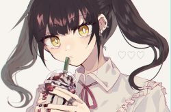 Rule 34 | 1girl, black hair, blush, brown eyes, closed mouth, collared shirt, commentary request, cup, danjou sora, disposable cup, drinking straw, ear piercing, earrings, fingernails, grey background, heart, holding, holding cup, jewelry, long hair, looking at viewer, nail art, nail polish, neck ribbon, original, piercing, red nails, red ribbon, ribbon, ring, shirt, simple background, solo, twintails, white shirt