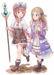 Rule 34 | 2girls, :d, atelier (series), atelier rorona, bad id, bad pixiv id, belt, black footwear, blonde hair, blue bow, blue eyes, blush, boots, bow, brown footwear, brown hair, brown skirt, coat, cuderia von feuerbach, dress, gem, hair bow, hat, high-waist skirt, highres, holding, holding hands, holding staff, jewelry, leg up, long hair, looking at another, machikado, multiple girls, open clothes, open coat, open mouth, pantyhose, parted bangs, pendant, rororina fryxell, skirt, smile, staff, two side up, walking, white background, white dress, white legwear