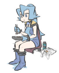 Rule 34 | 1girl, :t, bag, bare arms, blue bodysuit, blue gloves, blue hair, bodysuit, boots, box, breasts, can, cape, chopsticks, clair (pokemon), closed mouth, commentary request, creatures (company), eating, food, game freak, gloves, grey eyes, grey footwear, hair between eyes, highres, holding, holding box, holding chopsticks, knees, long hair, nintendo, pokemon, pokemon hgss, ponytail, sitting, solo, tirarizun