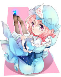 Rule 34 | 1girl, :/, arm garter, ass, black pantyhose, blue dress, blush, bug, butterfly, closed mouth, dress, frilled dress, frills, from behind, full body, glowing butterfly, hat, insect, japanese clothes, kimono, long sleeves, looking at viewer, looking back, mob cap, nagare, outstretched leg, pantyhose, pink eyes, pink hair, saigyouji yuyuko, sash, short hair, sitting, solo, touhou, triangular headpiece, wide sleeves