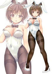 Rule 34 | 1girl, absurdres, adapted costume, animal ears, blush, bow, bowtie, breasts, brown eyes, brown hair, brown pantyhose, covered navel, detached collar, fake animal ears, full body, gluteal fold, gradient background, grey background, high heels, highres, kantai collection, leotard, looking at viewer, medium breasts, natori (kancolle), open mouth, pantyhose, playboy bunny, rabbit ears, solo, strapless, strapless leotard, traditional bowtie, white footwear, white leotard, wrist cuffs, yashin (yasinz), zoom layer