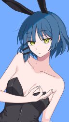 Rule 34 | 1girl, animal ears, bare shoulders, blue background, blue hair, bocchi the rock!, breasts, green eyes, hair ornament, hairclip, highres, hikentai0112, leotard, looking at viewer, ok sign, playboy bunny, rabbit ears, short hair, simple background, solo, yamada ryo