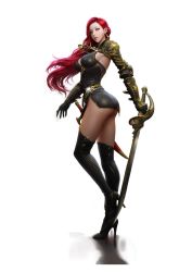 Rule 34 | 1girl, absurdres, armor, ass, belt, boots, breasts, dress, earrings, full body, high heel boots, high heels, highres, holding, holding weapon, jewelry, legs, lips, long hair, necklace, red hair, shadow, short dress, side slit, solo, standing, sword, thighhighs, weapon, wind