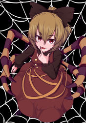 Rule 34 | 1girl, \m/, arthropod girl, arthropod limbs, benizuwai, black background, blonde hair, bow, brown bow, brown dress, brown shirt, commentary request, dress, fingernails, hair between eyes, hair bow, hair ribbon, highres, insect girl, kurodani yamame, long sleeves, looking at viewer, looking up, nail polish, open mouth, partial commentary, purple nails, red eyes, ribbon, sharp fingernails, shirt, silk, smile, solo, spider girl, spider web, thick eyebrows, touhou