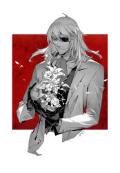 Rule 34 | 1boy, artist name, ascot, belt, belt buckle, black jack (series), border, buckle, closed mouth, coat, collared shirt, cropped legs, eyepatch, flower, frown, gloves, greyscale with colored background, hair between eyes, holding, holding skull, kiriko (black jack), lapels, long hair, long sleeves, looking down, male focus, monochrome, notched lapels, open clothes, open coat, outside border, red background, rose, shirt, signature, simple background, skull, solo, vest, wing collar, yufy