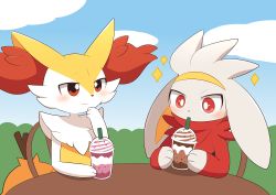 Rule 34 | 1girl, 1other, animal ear fluff, animal ears, animal hands, animal nose, blue sky, blush, body fur, braixen, bright pupils, bush, chair, closed mouth, cloud, creatures (company), cup, day, disposable cup, drink, drinking, drinking straw, flat chest, fox ears, fox girl, fox tail, frappuccino, furry, furry female, game freak, gen 6 pokemon, gen 8 pokemon, grey fur, hand to own mouth, hand up, happy, highres, holding, holding cup, holding drink, looking at another, looking down, neck fur, nintendo, on chair, open mouth, outdoors, pokemon, pokemon (creature), rabbit ears, raboot, red eyes, red fur, sitting, sketch, sky, smile, stick, subaru331, table, tail, two-tone fur, upper body, white fur, white pupils, wide-eyed, yellow fur