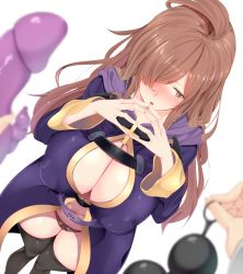 Rule 34 | 1girl, :o, anal beads, black panties, black thighhighs, blurry, blurry foreground, blush, breasts, brown eyes, brown hair, cleavage, commentary request, covered erect nipples, dildo, dutch angle, highres, hood, hood down, hooded robe, huge breasts, karatakewari, kono subarashii sekai ni shukufuku wo!, long sleeves, looking to the side, nose blush, open mouth, own hands together, panties, puffy nipples, purple rope, robe, rope, sex toy, simple background, solo focus, standing, straight hair, thighhighs, underwear, white background, wide sleeves, wiz (konosuba)