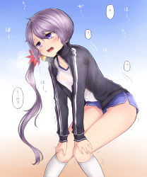 Rule 34 | 10s, 1girl, akebono (kancolle), bell, blush, buruma, exhausted, flower, gym uniform, hair bell, hair flower, hair ornament, hands on own knees, heavy breathing, highres, jacket, jingle bell, kantai collection, kneehighs, neit ni sei, open clothes, open jacket, open mouth, purple eyes, purple hair, side ponytail, socks, solo, sweat, track jacket, trembling, white socks