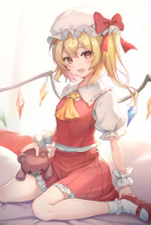 Rule 34 | 1girl, absurdres, ascot, blonde hair, blush, bobby socks, bow, breasts, collared shirt, commentary, crystal, fang, flandre scarlet, frilled shirt collar, frilled skirt, frilled sleeves, frilled socks, frills, full body, hat, hat bow, highres, looking at viewer, mary janes, mob cap, one side up, open mouth, orange eyes, pillow, pleated skirt, puffy short sleeves, puffy sleeves, raised eyebrow, red bow, red footwear, red skirt, red vest, revision, shinyu xingyu, shirt, shoes, short hair, short sleeves, sidelocks, sitting, skin fang, skirt, skirt set, small breasts, smile, socks, solo, stuffed animal, stuffed toy, teddy bear, touhou, vest, wariza, white hat, white shirt, white socks, wings, wrist cuffs, yellow ascot