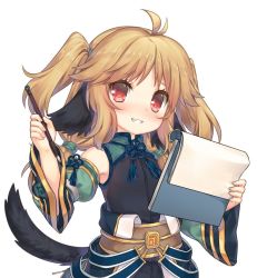 Rule 34 | 1girl, ahoge, animal ears, blush, brown hair, character request, detached sleeves, long hair, looking at viewer, paper, red eyes, shenbei xiaoqiu, simple background, solo, tail, twintails, white background