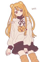 Rule 34 | 1girl, 2022, black dress, blonde hair, braid, brown eyes, chinese zodiac, commentary, dress, emma (kumaema), highres, hood, hoodie, long hair, original, side braid, solo, symbol-only commentary, turtleneck, white background, year of the tiger