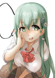 Rule 34 | 1girl, absurdres, blush, brown skirt, commentary request, dated, fyuo, green eyes, green hair, hair ornament, hairclip, heart, highres, kantai collection, long hair, looking at viewer, neckerchief, open mouth, red neckerchief, shirt, signature, simple background, skirt, solo, suzuya (kancolle), white background, white shirt