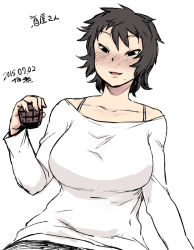Rule 34 | 1girl, 2015, blush, bra strap, breasts, cup, dated, drunk, female focus, large breasts, messy hair, mole, mole under mouth, off-shoulder shirt, off shoulder, original, shirt, simple background, solo, tsukudani (coke-buta)