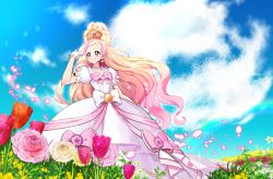 Rule 34 | 1girl, blonde hair, bow, brooch, choker, cloud, crown, cure flora, cure flora (dress up premium), day, dress, dress bow, earrings, flower, full body, gloves, go! princess precure, gradient hair, green eyes, haruno haruka, jewelry, long hair, magical girl, mode elegant (go! princess precure), multicolored hair, naokado, pink bow, pink hair, precure, puffy sleeves, sky, smile, solo, star (symbol), star earrings, streaked hair, tulip, two-tone hair, very long hair, waist bow, white bow, white dress, white gloves