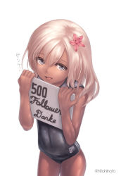 Rule 34 | 10s, 1girl, blonde hair, blue eyes, crop top, flower, german text, hair flower, hair ornament, hitohinoto, milestone celebration, holding, holding sign, kantai collection, one-piece tan, ro-500 (kancolle), sailor collar, school swimsuit, sign, simple background, solo, swimsuit, swimsuit under clothes, tan, tanline, thank you, translated