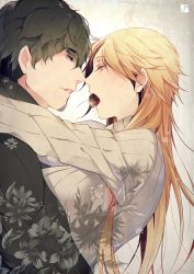 Rule 34 | 10s, 1boy, 1girl, arm around shoulder, black eyes, black hair, blonde hair, breasts, cherry, chocolate, couple, eye contact, facial hair, food, food in mouth, from side, fruit, genderswap, genderswap (mtf), grey sweater, hetero, hug, izumi kouhei, long hair, long sleeves, looking at another, medium breasts, mouth hold, multicolored hair, outstretched arms, parted lips, patterned, pepper fever, profile, ribbed sweater, streaked hair, stubble, sweater, tachikawa kei, turtleneck, upper body, world trigger, yellow eyes